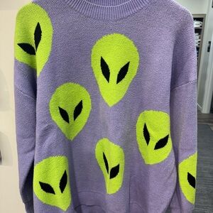 Dressed in LALA Purple and Neon Green Alien Sweater